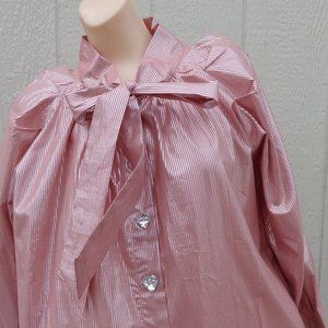 NEW Buru Pink Silver Metallic Striped Puffy Shirt Dress M Heart Buttons Tie